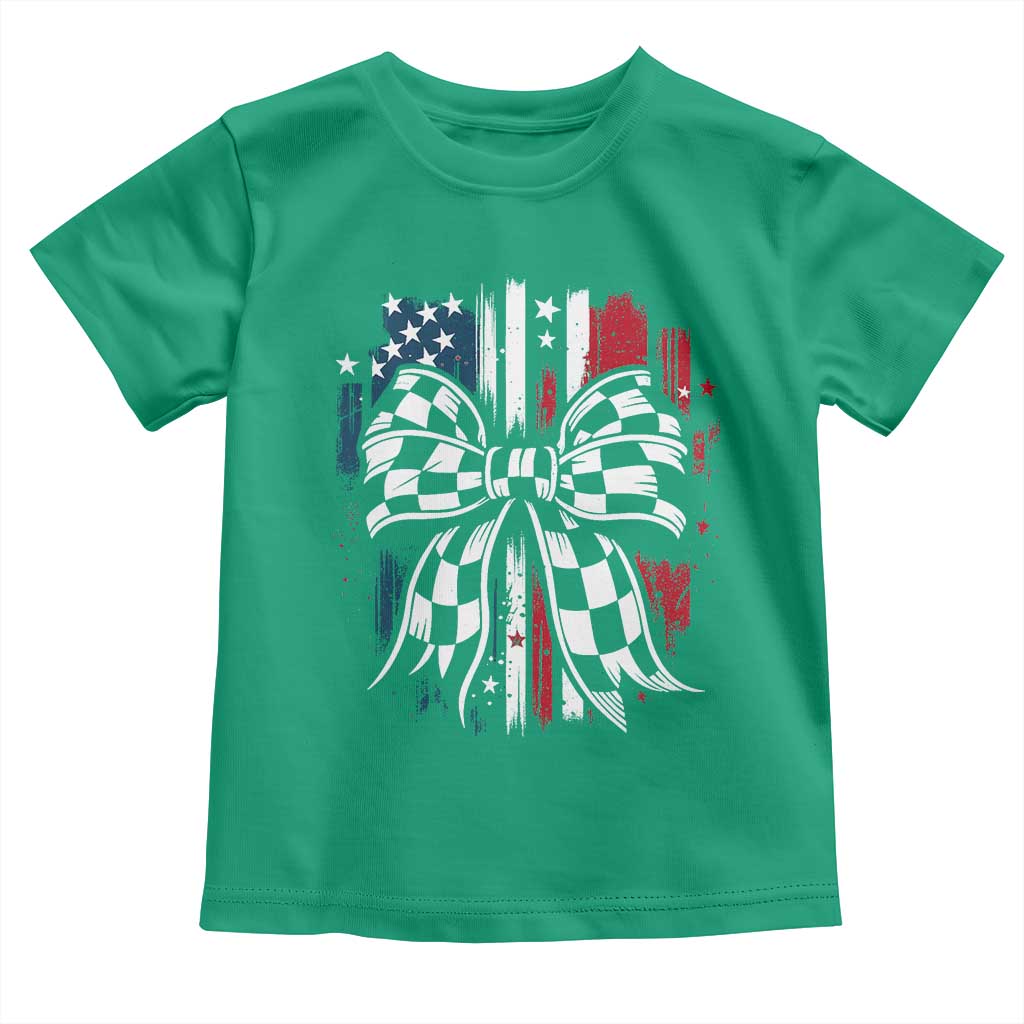 Patriotic Coquette Bow Checkered Flag Race Car Racing Toddler T Shirt - Wonder Print Shop