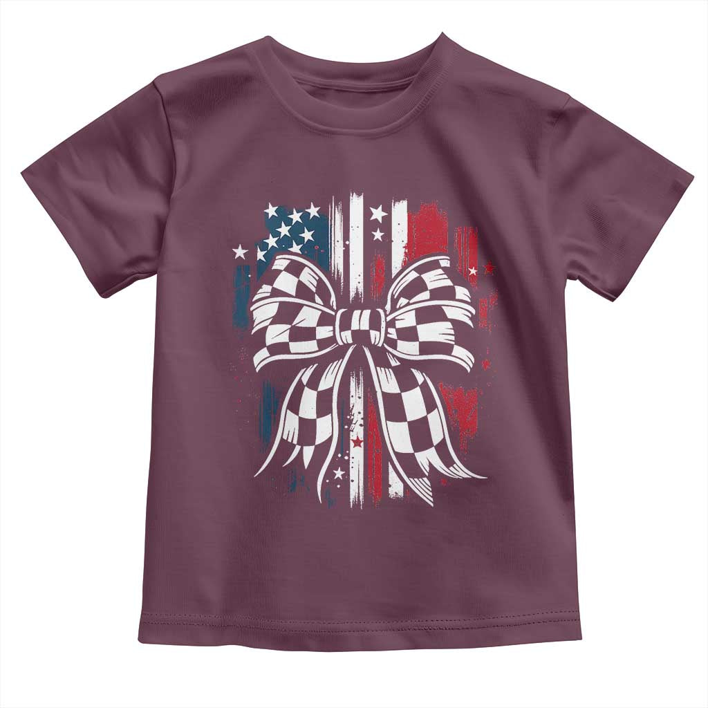 Patriotic Coquette Bow Checkered Flag Race Car Racing Toddler T Shirt - Wonder Print Shop