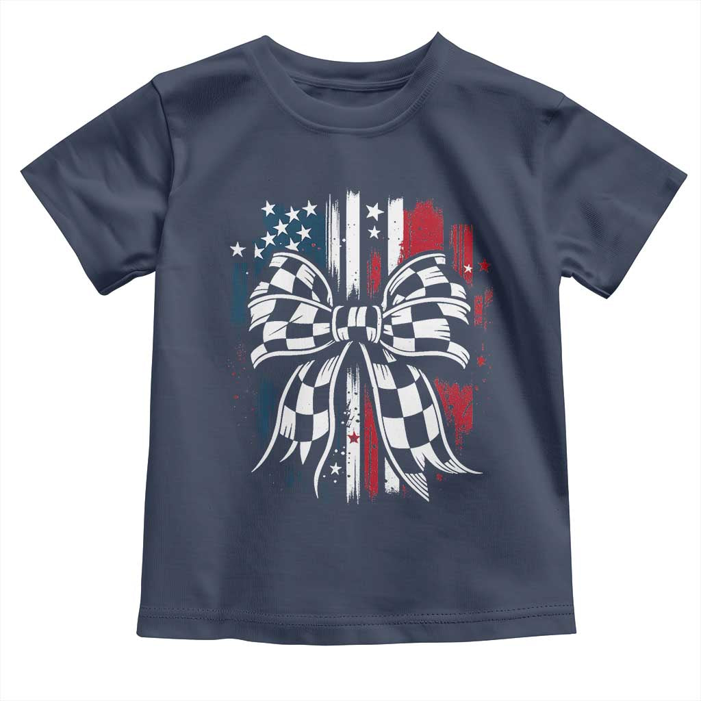 Patriotic Coquette Bow Checkered Flag Race Car Racing Toddler T Shirt - Wonder Print Shop