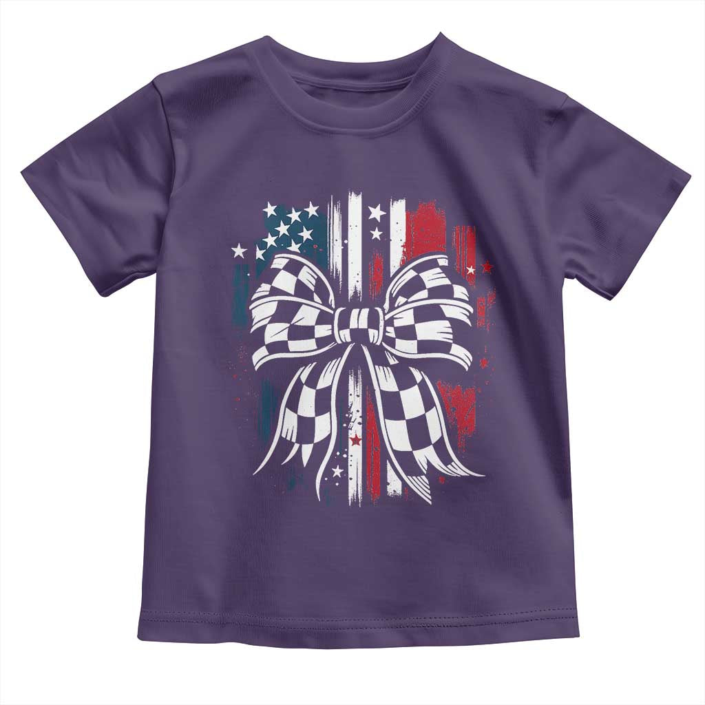 Patriotic Coquette Bow Checkered Flag Race Car Racing Toddler T Shirt - Wonder Print Shop