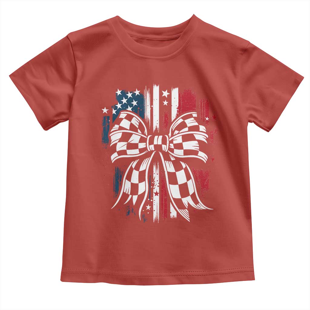 Patriotic Coquette Bow Checkered Flag Race Car Racing Toddler T Shirt - Wonder Print Shop