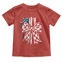 Patriotic Coquette Bow Checkered Flag Race Car Racing Toddler T Shirt - Wonder Print Shop