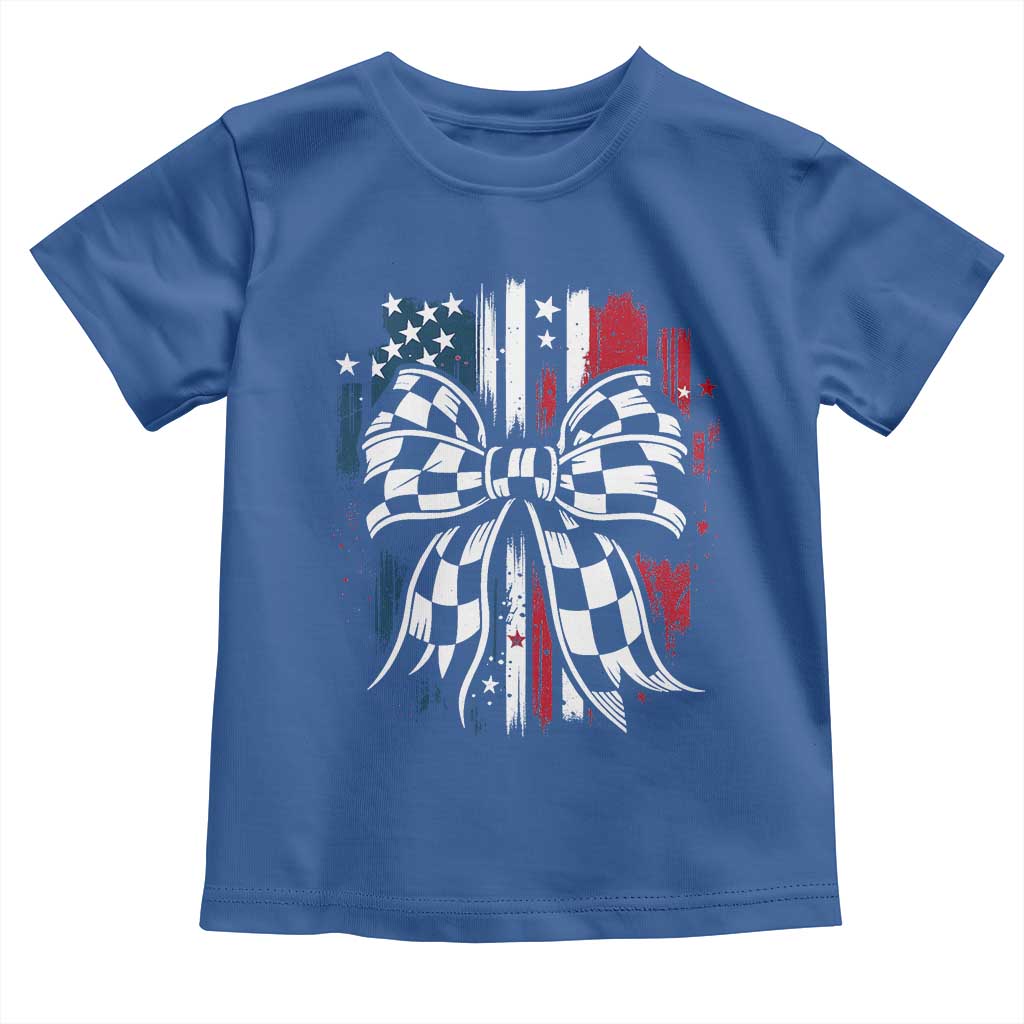 Patriotic Coquette Bow Checkered Flag Race Car Racing Toddler T Shirt - Wonder Print Shop