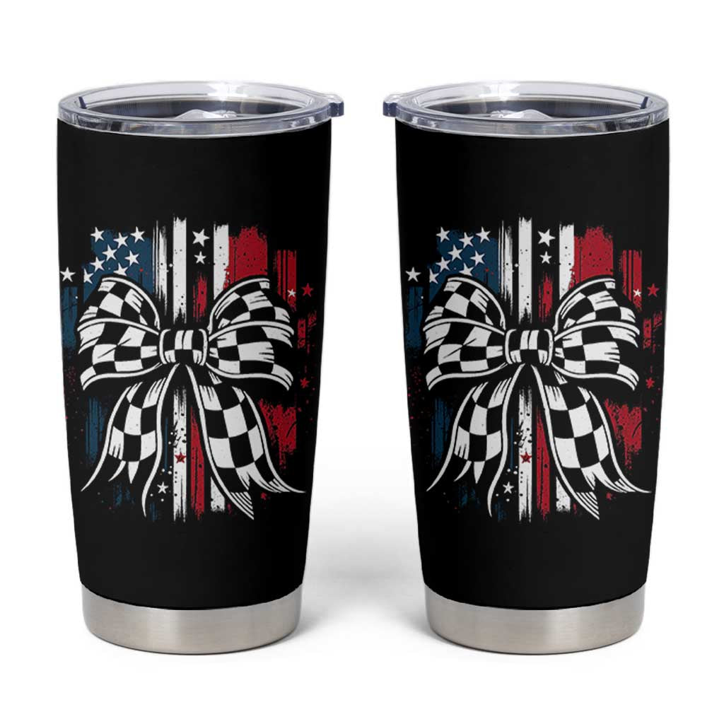 Patriotic Coquette Bow Checkered Flag Race Car Racing Tumbler Cup