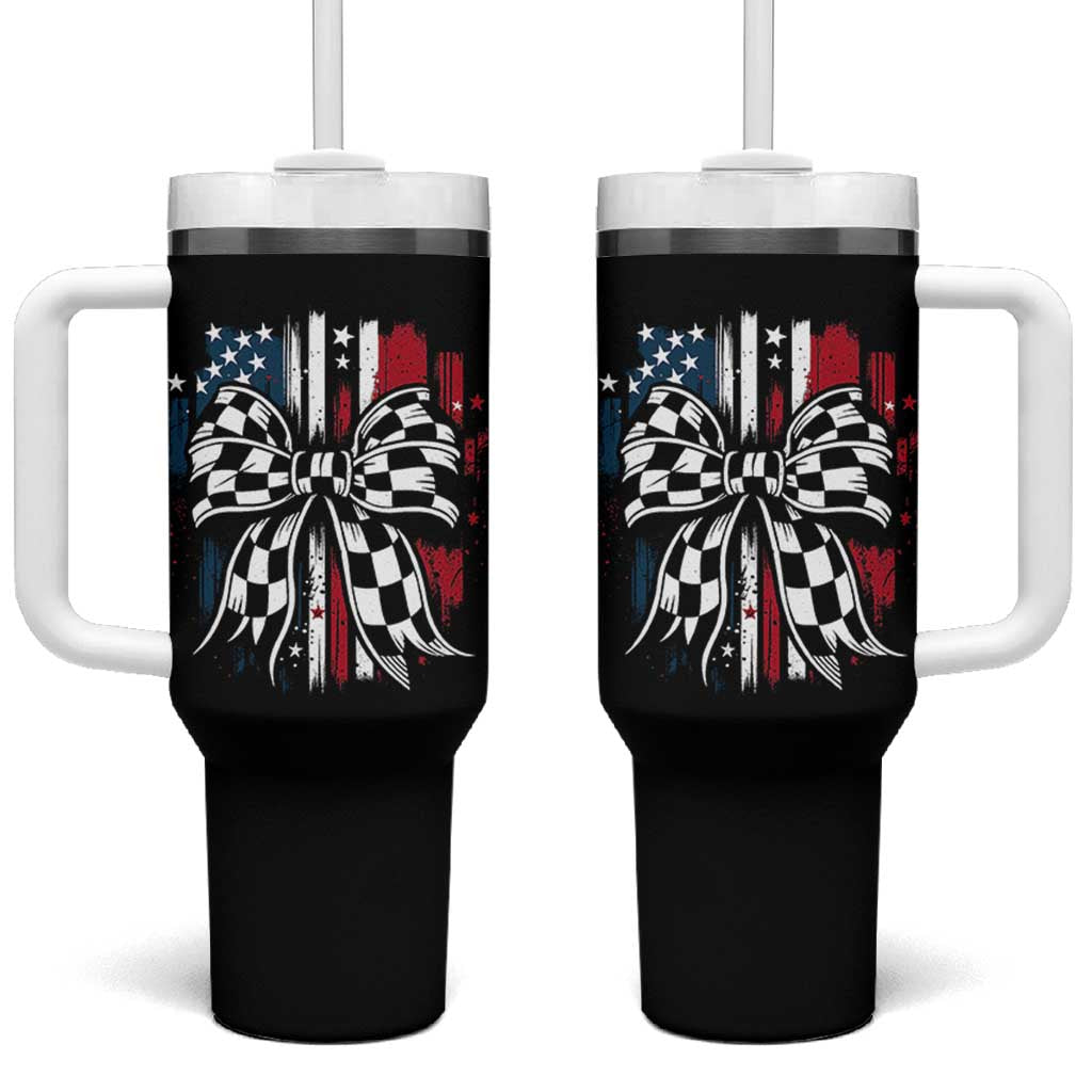 Patriotic Coquette Bow Checkered Flag Race Car Racing Tumbler With Handle