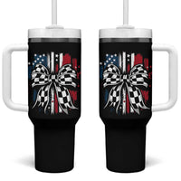 Patriotic Coquette Bow Checkered Flag Race Car Racing Tumbler With Handle
