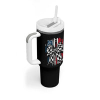 Patriotic Coquette Bow Checkered Flag Race Car Racing Tumbler With Handle