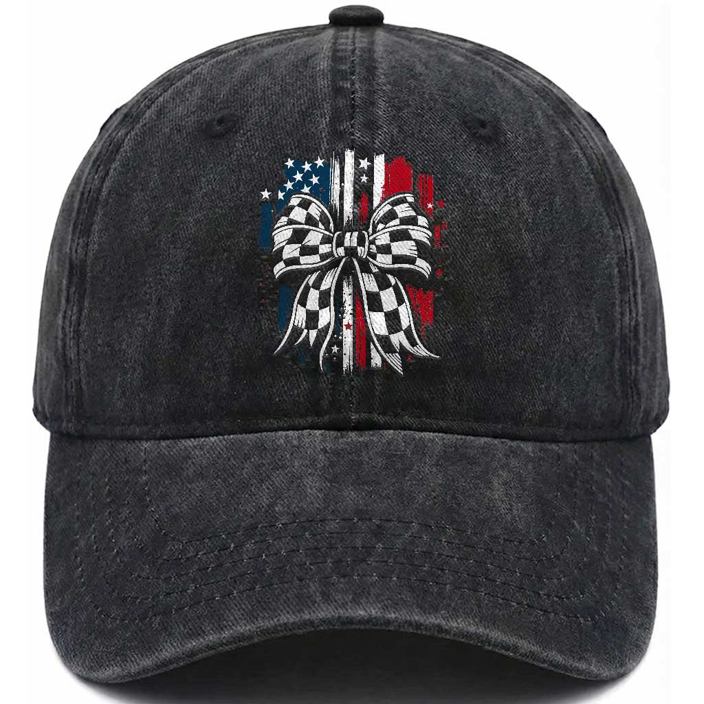 Patriotic Coquette Bow Checkered Flag Race Car Racing Washed Cotton Baseball Cap