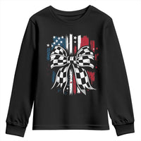 Patriotic Coquette Bow Checkered Flag Race Car Racing Youth Sweatshirt - Wonder Print Shop