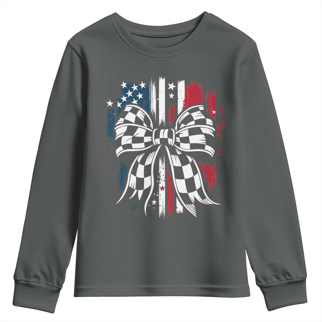 Patriotic Coquette Bow Checkered Flag Race Car Racing Youth Sweatshirt - Wonder Print Shop