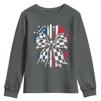 Patriotic Coquette Bow Checkered Flag Race Car Racing Youth Sweatshirt - Wonder Print Shop