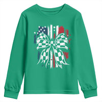 Patriotic Coquette Bow Checkered Flag Race Car Racing Youth Sweatshirt - Wonder Print Shop