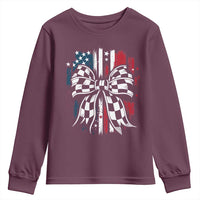 Patriotic Coquette Bow Checkered Flag Race Car Racing Youth Sweatshirt - Wonder Print Shop