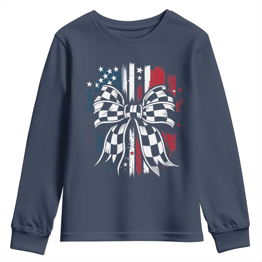 Patriotic Coquette Bow Checkered Flag Race Car Racing Youth Sweatshirt - Wonder Print Shop