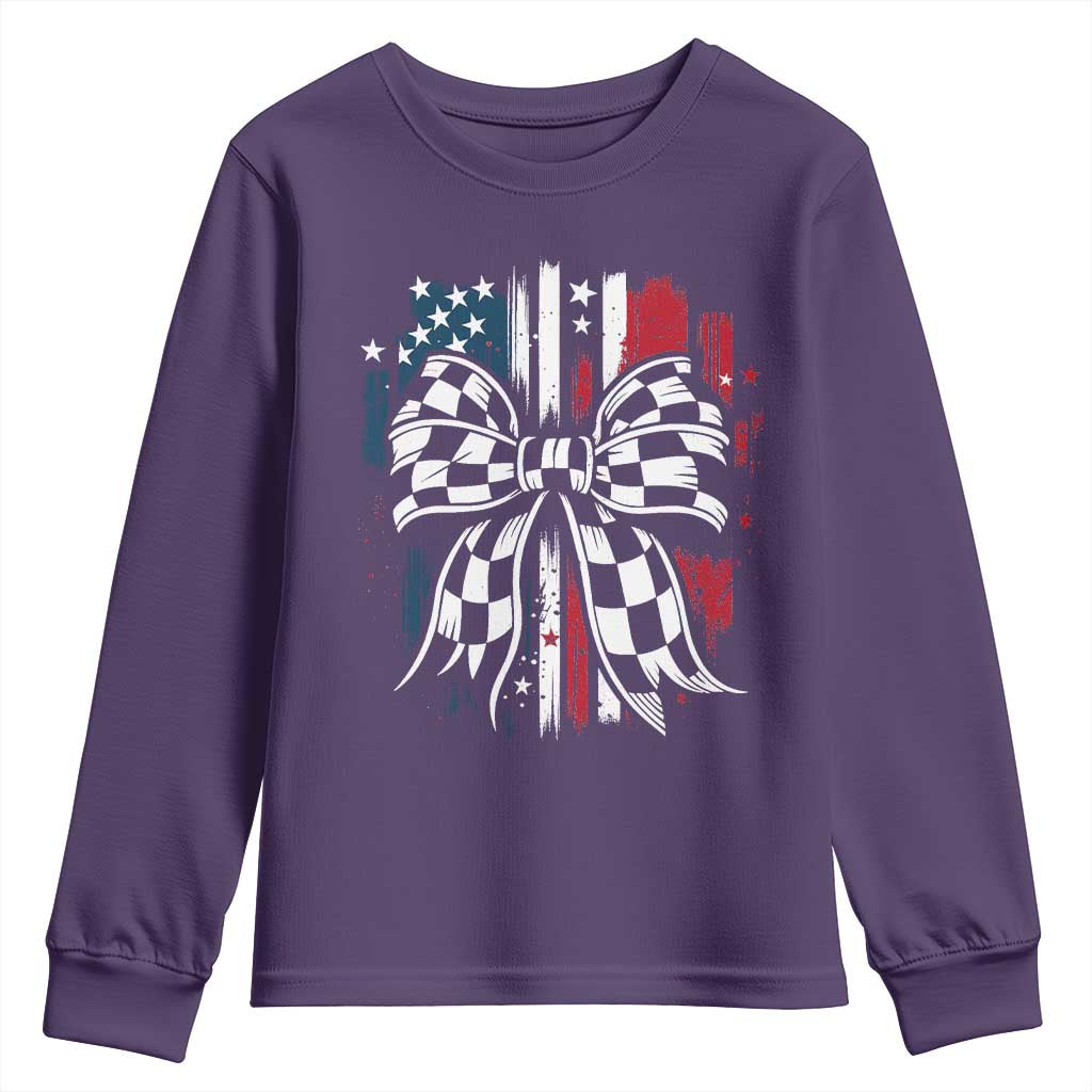 Patriotic Coquette Bow Checkered Flag Race Car Racing Youth Sweatshirt - Wonder Print Shop
