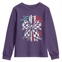 Patriotic Coquette Bow Checkered Flag Race Car Racing Youth Sweatshirt - Wonder Print Shop