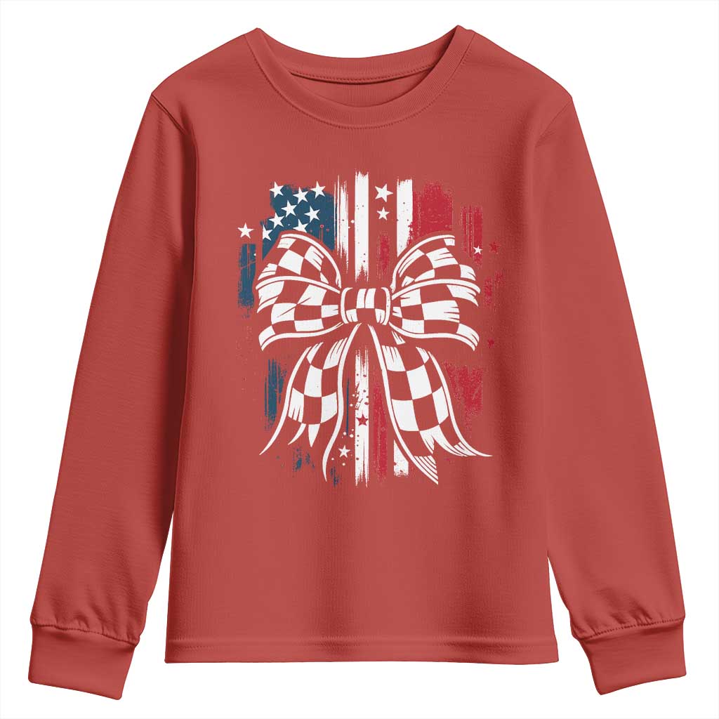 Patriotic Coquette Bow Checkered Flag Race Car Racing Youth Sweatshirt - Wonder Print Shop
