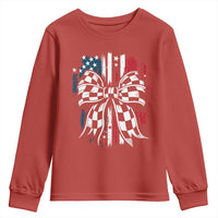 Patriotic Coquette Bow Checkered Flag Race Car Racing Youth Sweatshirt - Wonder Print Shop