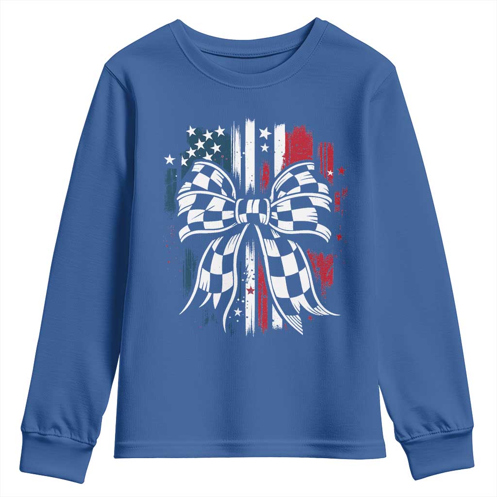 Patriotic Coquette Bow Checkered Flag Race Car Racing Youth Sweatshirt - Wonder Print Shop