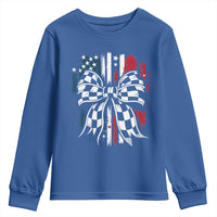 Patriotic Coquette Bow Checkered Flag Race Car Racing Youth Sweatshirt - Wonder Print Shop