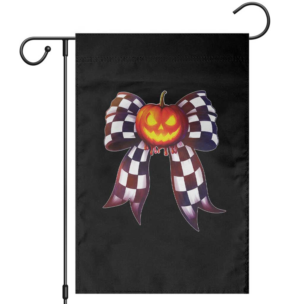 Race Car Halloween Garden Flag Pumpkin Checkered Coquette Bow - Wonder Print Shop
