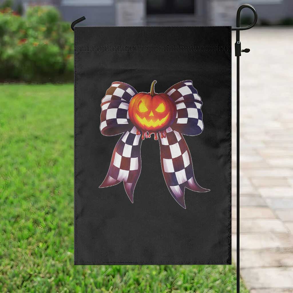 Race Car Halloween Garden Flag Pumpkin Checkered Coquette Bow - Wonder Print Shop