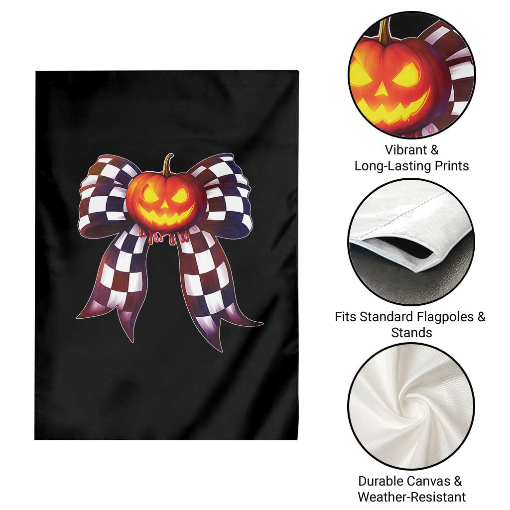 Race Car Halloween Garden Flag Pumpkin Checkered Coquette Bow - Wonder Print Shop