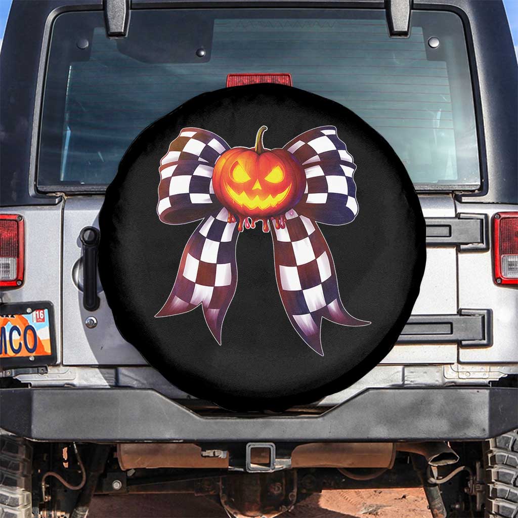 Race Car Halloween Spare Tire Cover Pumpkin Checkered Coquette Bow - Wonder Print Shop