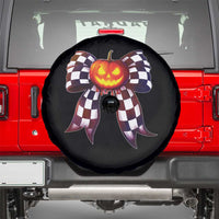 Race Car Halloween Spare Tire Cover Pumpkin Checkered Coquette Bow - Wonder Print Shop