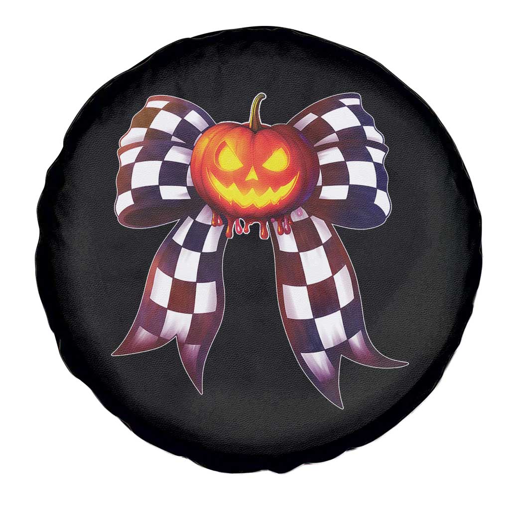 Race Car Halloween Spare Tire Cover Pumpkin Checkered Coquette Bow - Wonder Print Shop