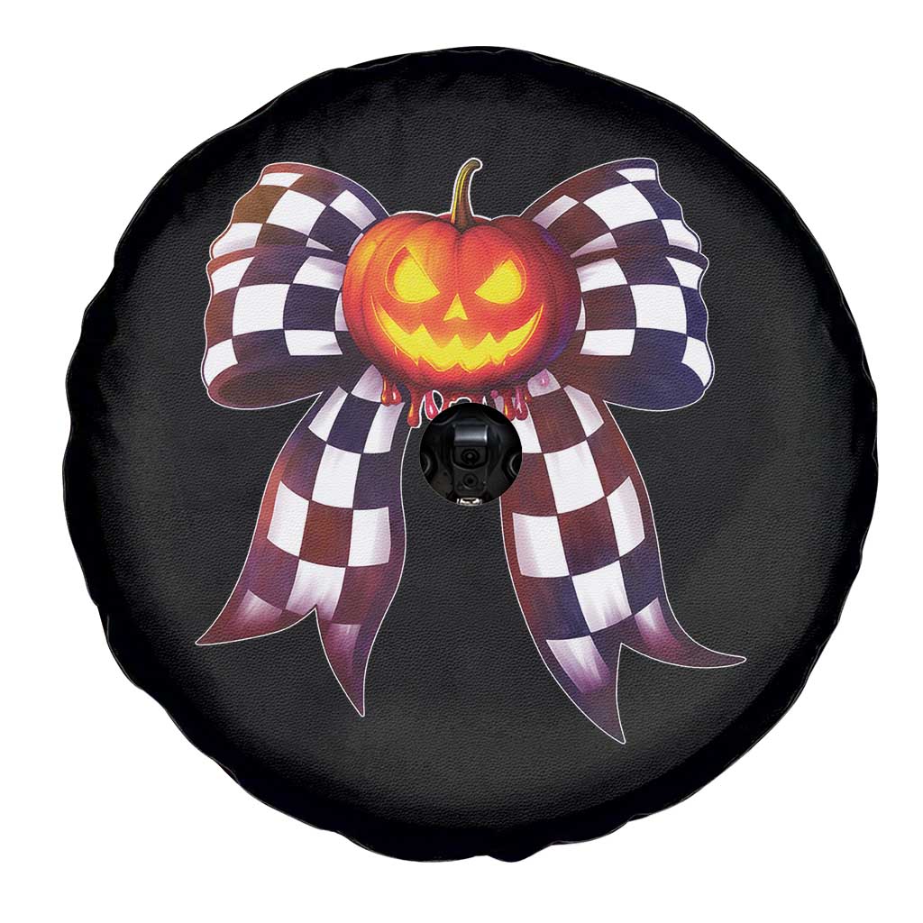 Race Car Halloween Spare Tire Cover Pumpkin Checkered Coquette Bow - Wonder Print Shop