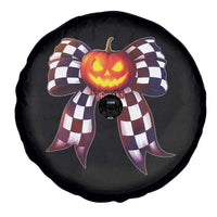 Race Car Halloween Spare Tire Cover Pumpkin Checkered Coquette Bow - Wonder Print Shop