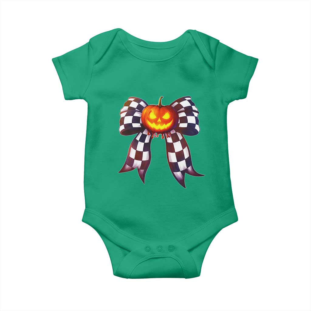 Race Car Halloween Baby Onesie Pumpkin Checkered Coquette Bow - Wonder Print Shop
