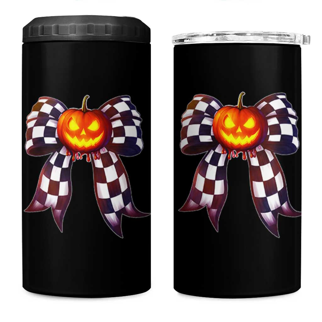 Race Car Halloween 4 in 1 Can Cooler Tumbler Pumpkin Checkered Coquette Bow