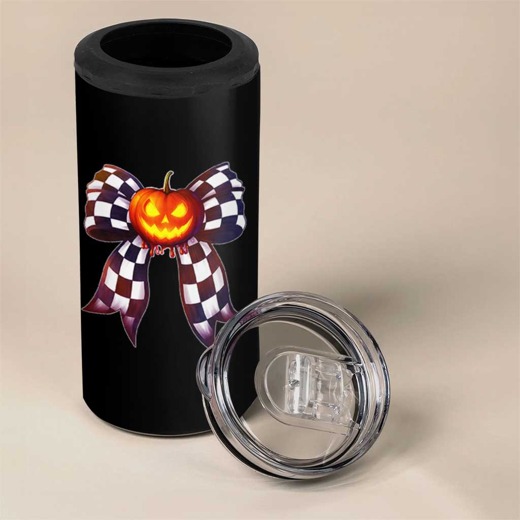 Race Car Halloween 4 in 1 Can Cooler Tumbler Pumpkin Checkered Coquette Bow