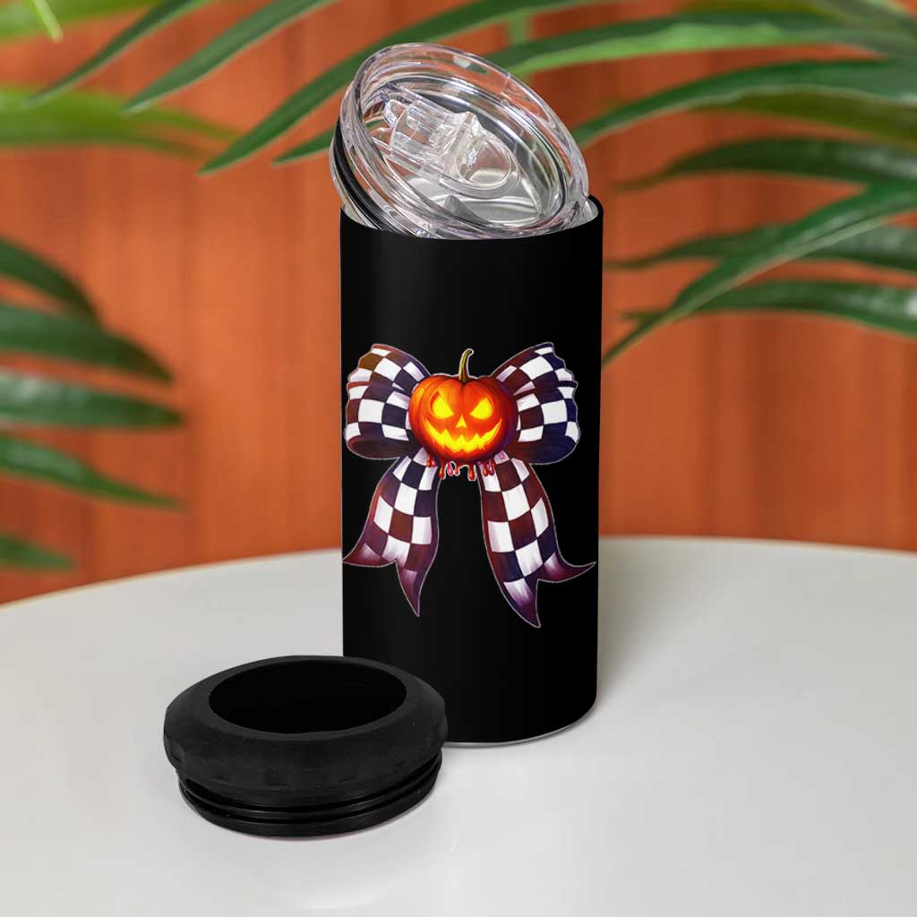 Race Car Halloween 4 in 1 Can Cooler Tumbler Pumpkin Checkered Coquette Bow
