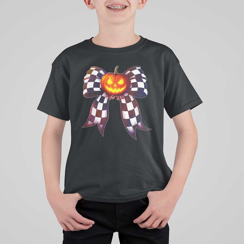 Race Car Halloween T Shirt For Kid Pumpkin Checkered Coquette Bow - Wonder Print Shop