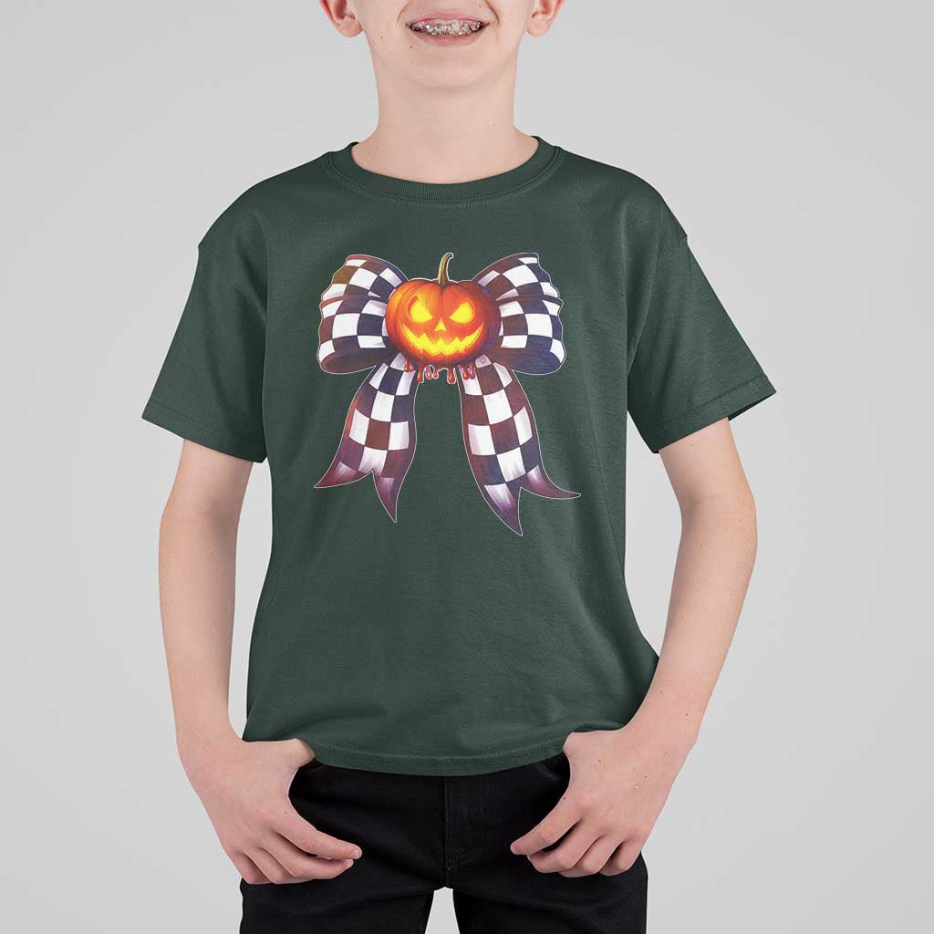 Race Car Halloween T Shirt For Kid Pumpkin Checkered Coquette Bow - Wonder Print Shop