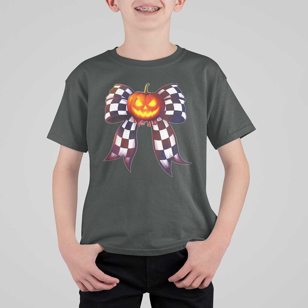 Race Car Halloween T Shirt For Kid Pumpkin Checkered Coquette Bow - Wonder Print Shop