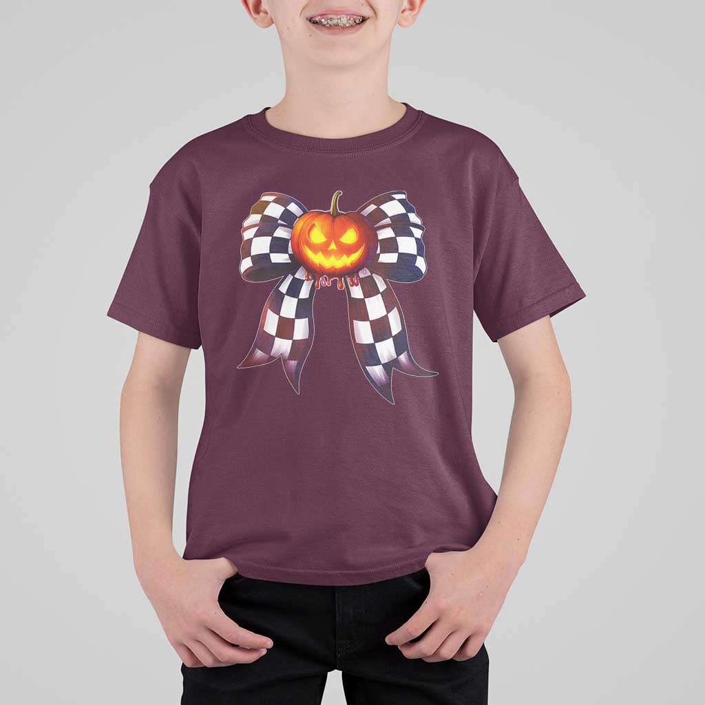 Race Car Halloween T Shirt For Kid Pumpkin Checkered Coquette Bow - Wonder Print Shop