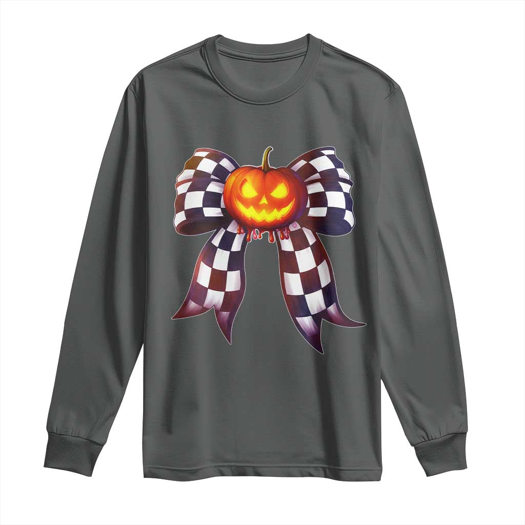 Race Car Halloween Long Sleeve Shirt Pumpkin Checkered Coquette Bow - Wonder Print Shop