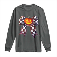 Race Car Halloween Long Sleeve Shirt Pumpkin Checkered Coquette Bow - Wonder Print Shop