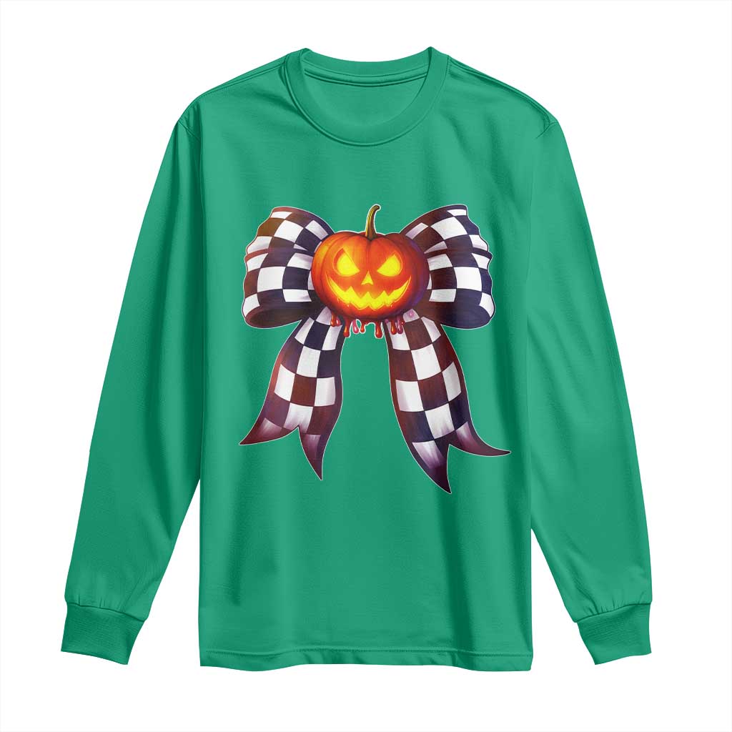 Race Car Halloween Long Sleeve Shirt Pumpkin Checkered Coquette Bow - Wonder Print Shop