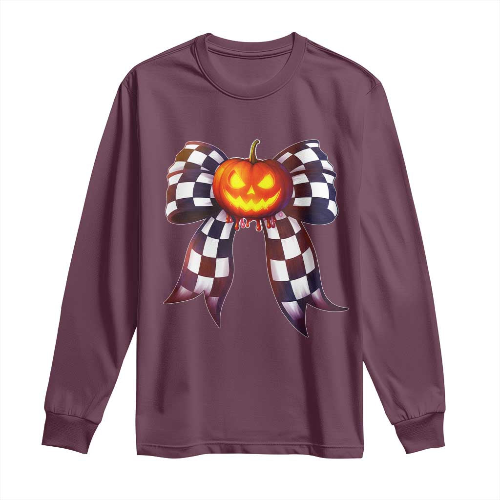 Race Car Halloween Long Sleeve Shirt Pumpkin Checkered Coquette Bow - Wonder Print Shop