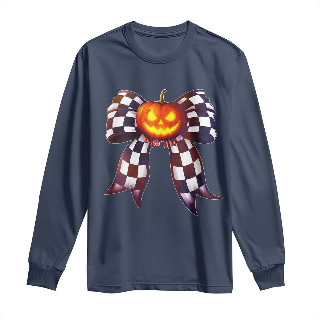 Race Car Halloween Long Sleeve Shirt Pumpkin Checkered Coquette Bow - Wonder Print Shop