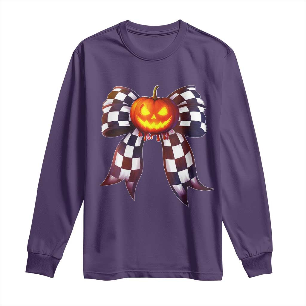 Race Car Halloween Long Sleeve Shirt Pumpkin Checkered Coquette Bow - Wonder Print Shop