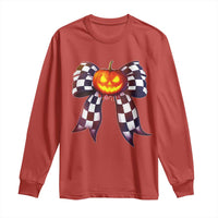 Race Car Halloween Long Sleeve Shirt Pumpkin Checkered Coquette Bow - Wonder Print Shop