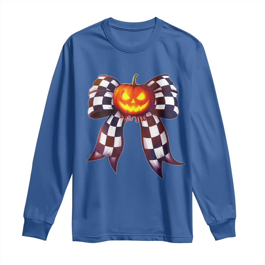 Race Car Halloween Long Sleeve Shirt Pumpkin Checkered Coquette Bow - Wonder Print Shop