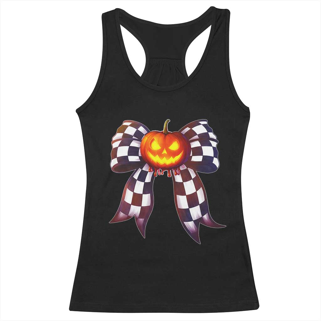 Race Car Halloween Racerback Tank Top Pumpkin Checkered Coquette Bow - Wonder Print Shop
