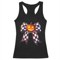 Race Car Halloween Racerback Tank Top Pumpkin Checkered Coquette Bow - Wonder Print Shop